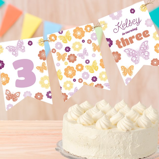 Retro Butterfly Birthday Party Bunting (Retro Butterfly Personalized Birthday Banner)