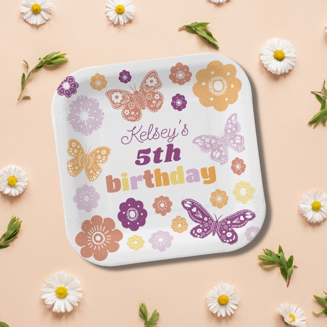 Retro Butterfly Birthday Party Paper Plate (Creator Uploaded)