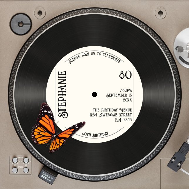 Retro Butterfly Faux Record Music 80th Birthday Invitation (Creator Uploaded)