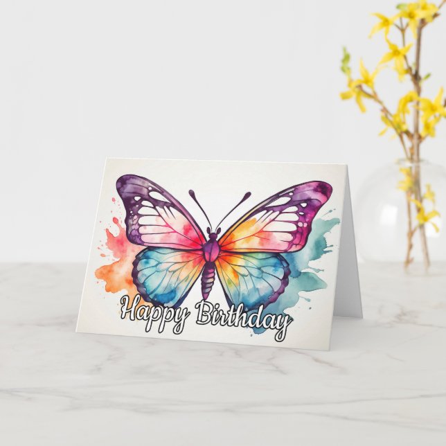 Retro Butterfly Illustration Happy Birthday Card (Yellow Flower)