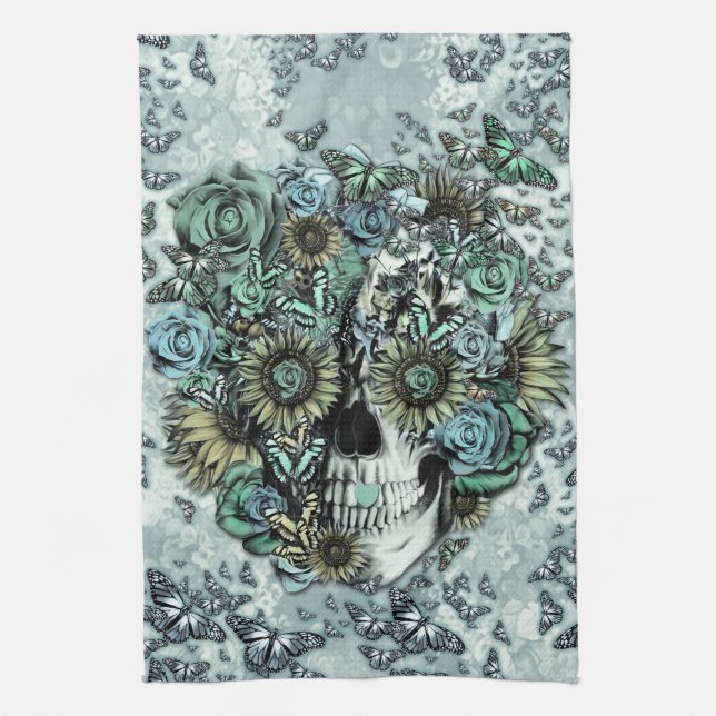 Retro butterfly rose skull tea towel (Vertical)