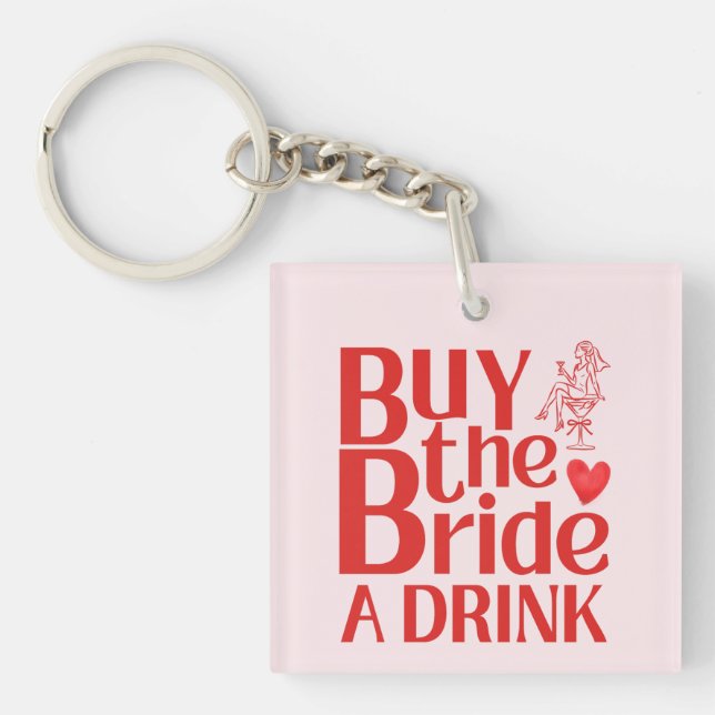 Retro Buy The Bride A Drink QR Code Red Pink Key Ring (Front)