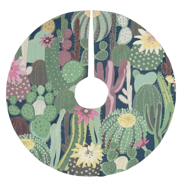 Retro Cactus Design: Seamless Fabric Texture Brushed Polyester Tree Skirt (Front)