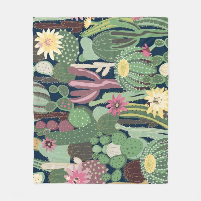 Retro Cactus Design: Seamless Fabric Texture Fleece Blanket (Front)