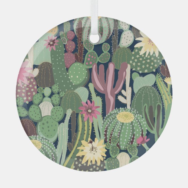 Retro Cactus Design: Seamless Fabric Texture Glass Tree Decoration (Front)