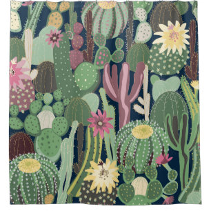 Retro Cactus Design: Seamless Fabric Texture Shower Curtain
