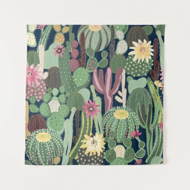 Retro Cactus Design: Seamless Fabric Texture Tapestry (Front)