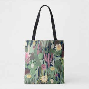Retro Cactus Design: Seamless Fabric Texture Tote Bag