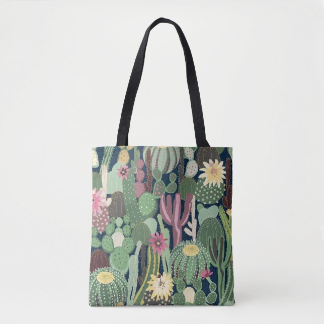 Retro Cactus Design: Seamless Fabric Texture Tote Bag (Front)
