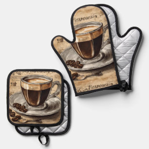 Retro Cafe Caffeine Lover Vintage Espresso Coffee Oven Mitt & Pot Holder Set