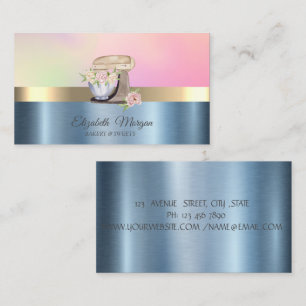 Retro Cake Mixer Flower Blue Metallic Business Card