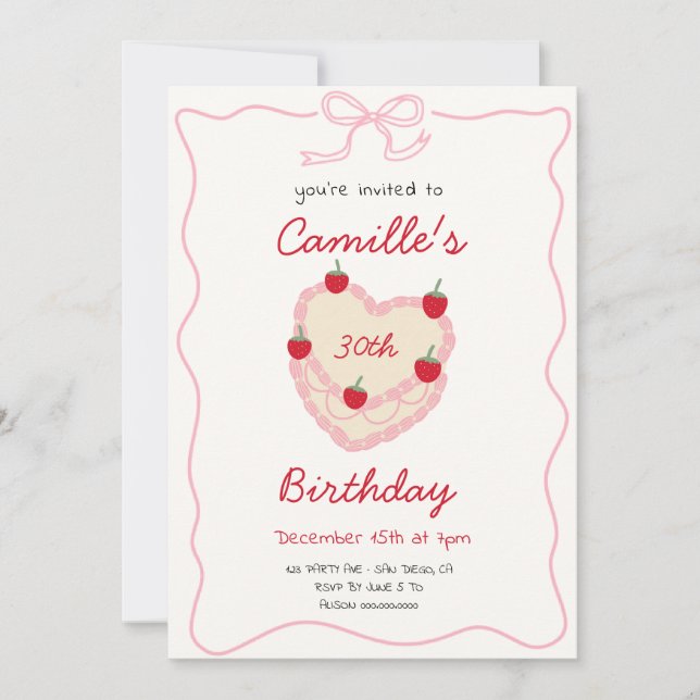  Retro Cake & strawberry Birthday Invitation (Front)