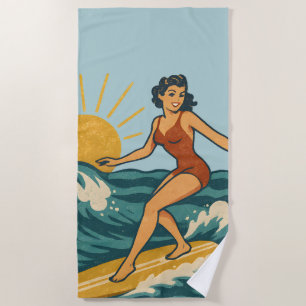 Retro California Pin-Up Surfer Blue Coastal Print Beach Towel