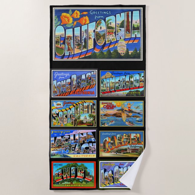 Retro California Postcard Cities Beach Towels (Front)