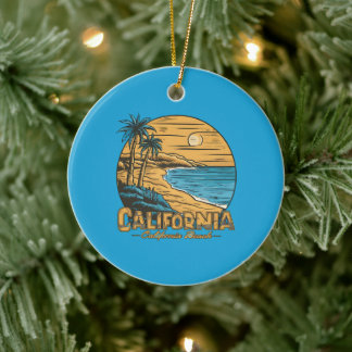 Retro California Sunset Beach Scene Ceramic Ornament