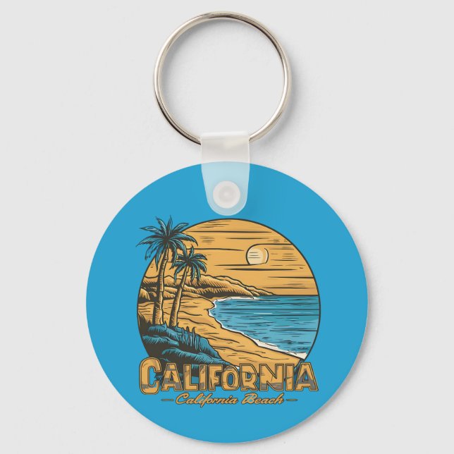 Retro California Sunset Beach Scene Key Ring (Front)