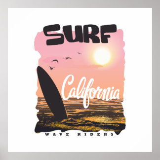 Retro California Surf Sunset & Waves Graphic Art Poster