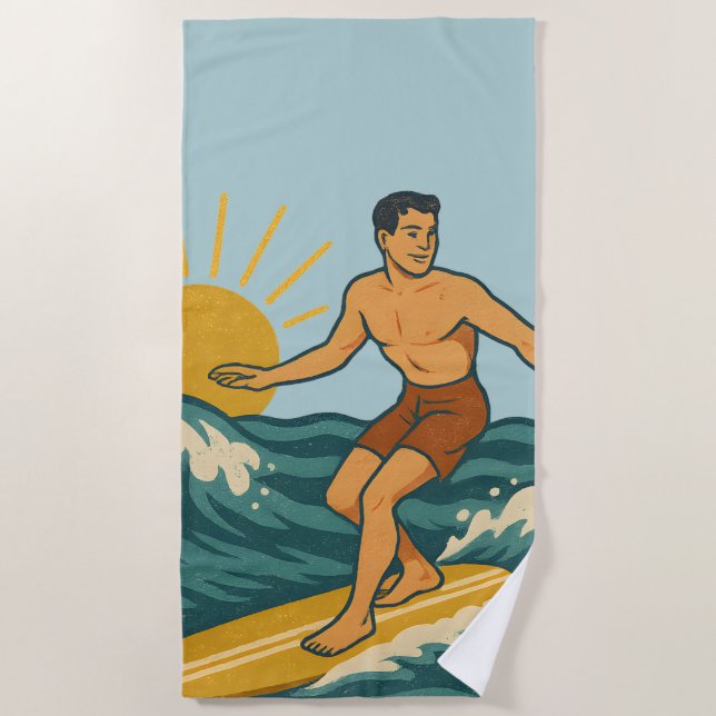 Retro California Surfer Blue Coastal Surfing Print Beach Towel (Front)