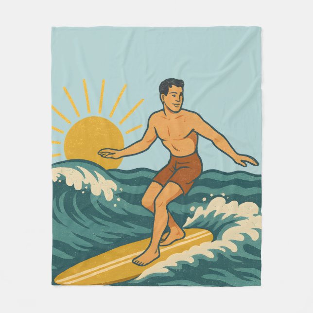 Retro California Surfer Blue Coastal Surfing Print Fleece Blanket (Front)