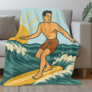 Retro California Surfer   Coastal Blue Surf Beach Fleece Blanket