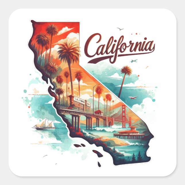 Retro California USA Map Travel Souvenir Square Sticker (Front)