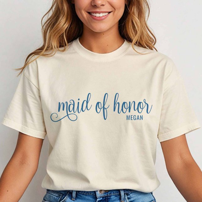 Retro Calligraphy Blue Script Maid of Honor T-Shirt (Blue on Natural)