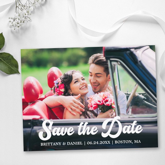 Retro Calligraphy Script Photo Save The Date  Postcard (Customize to change your personalized text size or text style.)