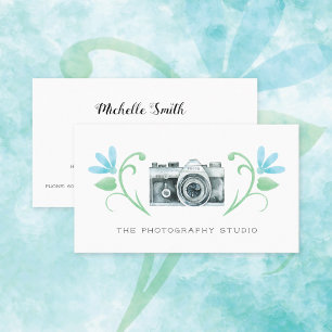 Retro Camera Blue Flowers Photography Business Card
