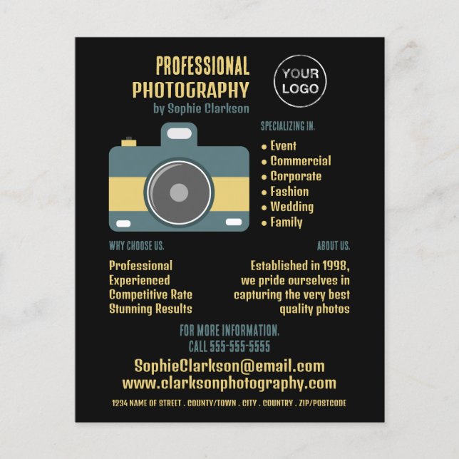 Retro Camera Icon, Photographer, Photography Hire Flyer (Front)