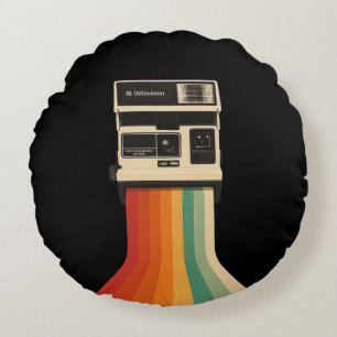 Retro Camera with Rainbow Print Round Cushion