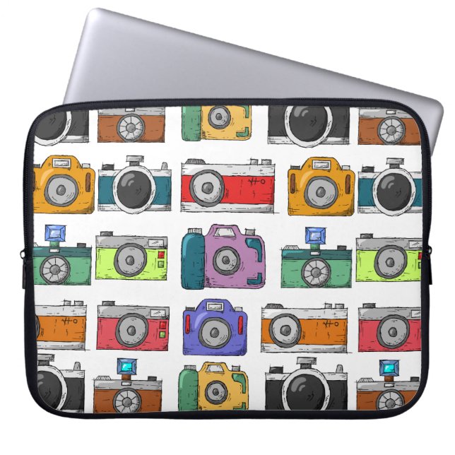 Retro Cameras Colourful Illustrated Pattern Photo Laptop Sleeve (Front)