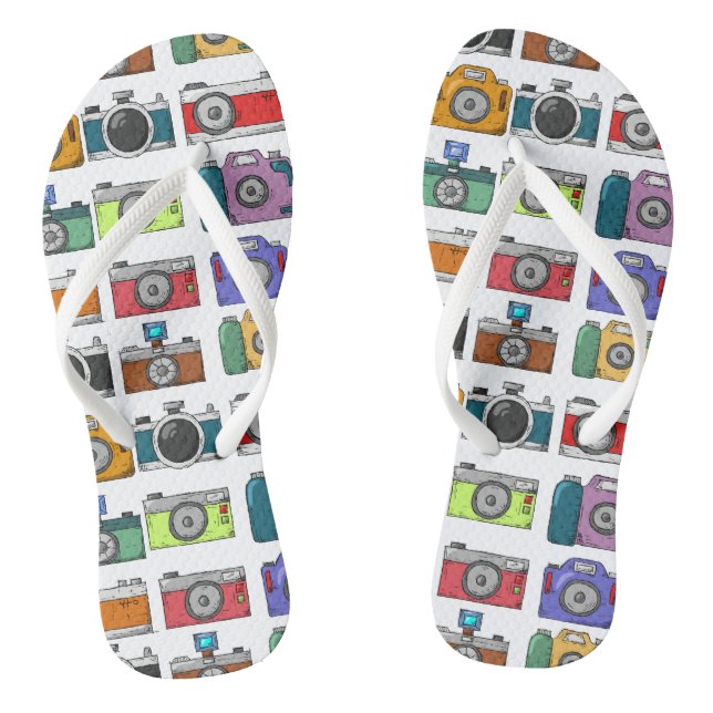 Retro Cameras Colourful Illustrated Pattern Photo Thongs (Footbed)