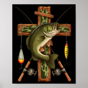 Retro Camo Cross Fishing Rod Hook B Christian Fish Poster