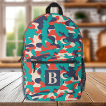 Retro Camo Teal Orange Blue Personalise Camouflage Printed Backpack<br><div class="desc">Introducing our modern and trendy camo backpack, perfect for kids, students, hikers, and day trippers! This cool backpack features a retro camo pattern with shades of blue, teal, orange, and beige, giving it a military-inspired look that is sure to turn heads. The camo design is not only stylish, but also...</div>