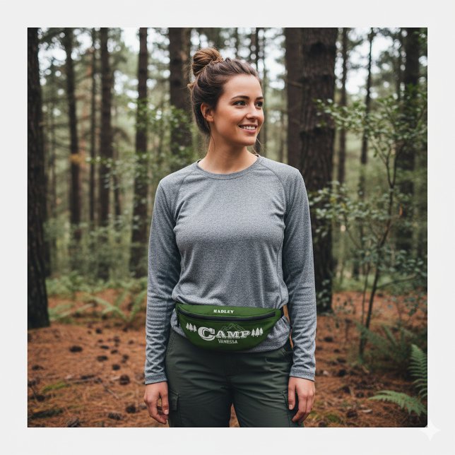 Retro Camp Bach Personalised Forest Green Bum Bags (Camp Bachelorette Fanny Pack personalized with the bride's name. Pine Tree and Mountain accents)