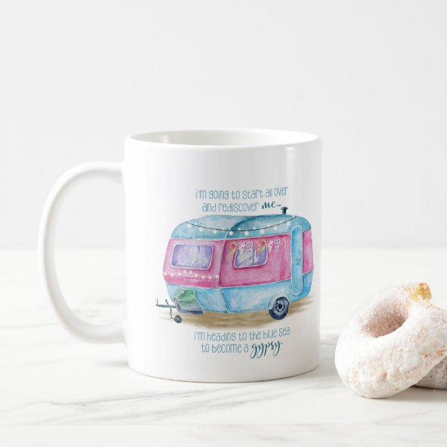 Retro Camper Caravan Blue | Pink & White Glamper Coffee Mug (With Donut)