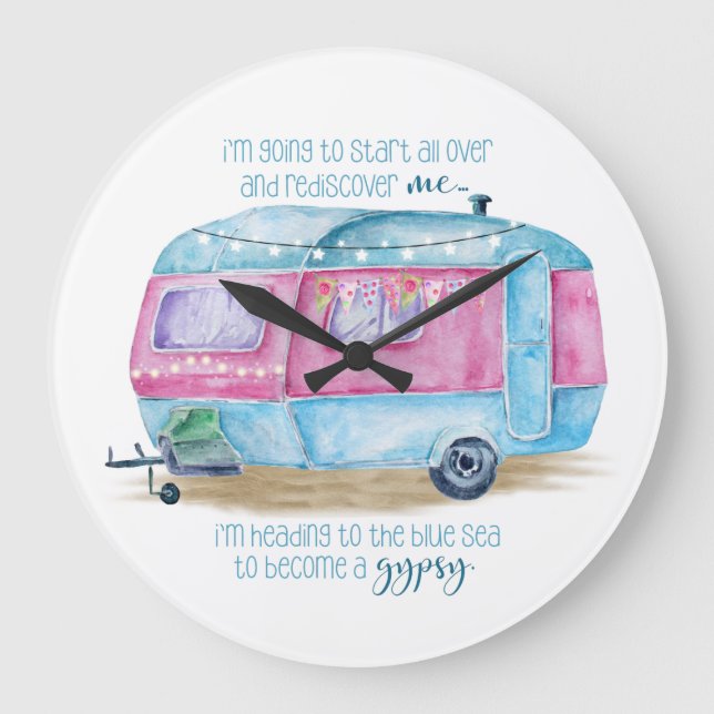 Retro Camper Caravan Blue | Pink & White Glamper Large Clock (Front)