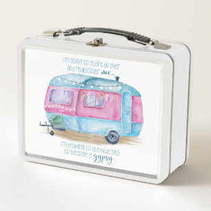 Retro Camper Caravan Blue   Pink & White Glamper Metal Lunch Box