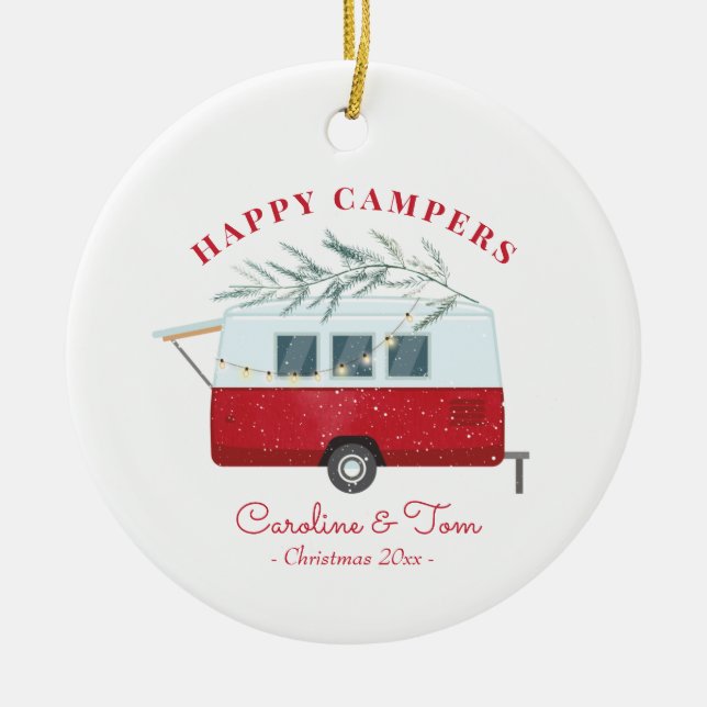 Retro Camper Christmas Happy Campers Holiday Ceramic Ornament (Front)