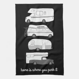 Retro Camper Motorhome RV Vanlife Black White Tea Towel