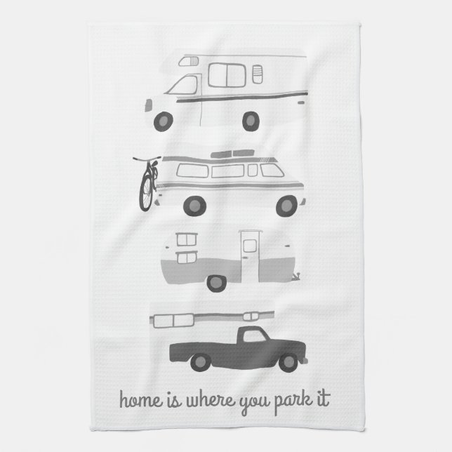 Retro Camper Motorhome RV Vanlife Grey White Tea Towel (Vertical)