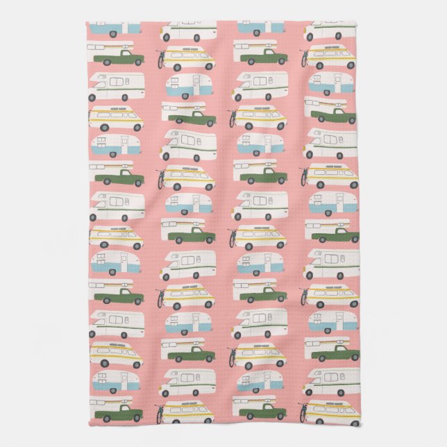 Retro Camper Motorhome RV Vanlife Pink Tea Towel (Vertical)