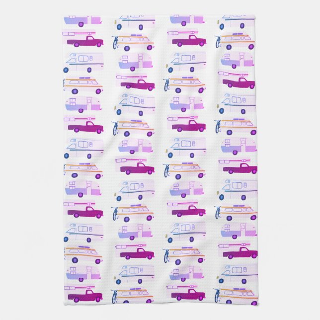 Retro Camper Motorhome RV Vanlife White Purple Tea Towel (Vertical)