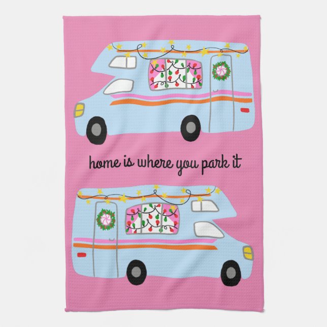 Retro Camper Motorhome RV Vanlife Xmas Tea Towel (Vertical)