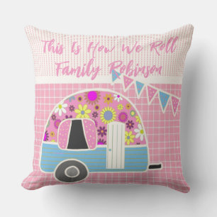 Retro Camper Pink Blue Personalised Cushion