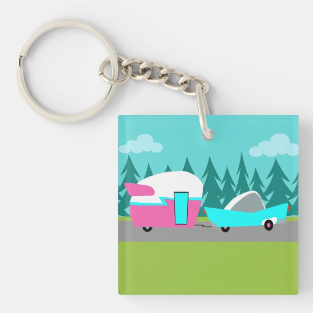 Retro Camper / Trailer and Car Acrylic Keychain (Front)