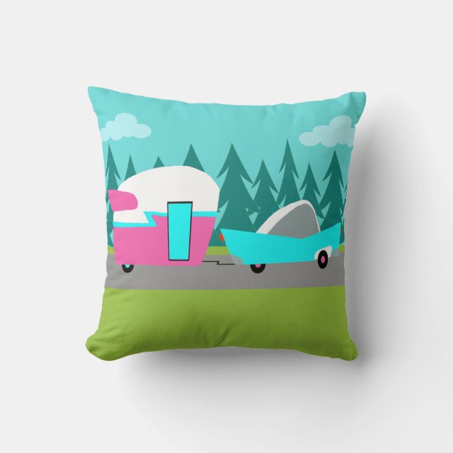 Retro Camper / Trailer and Car Throw Pillow (Front)
