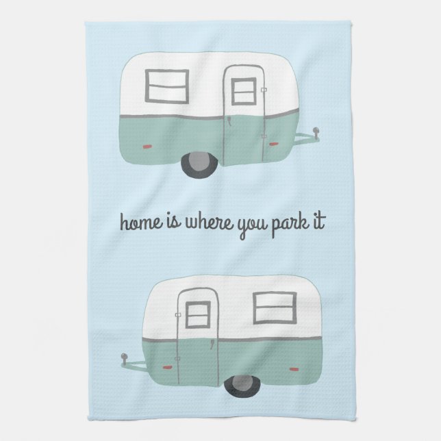 Retro Camper Trailer RV Motorhome Blue Tea Towel (Vertical)