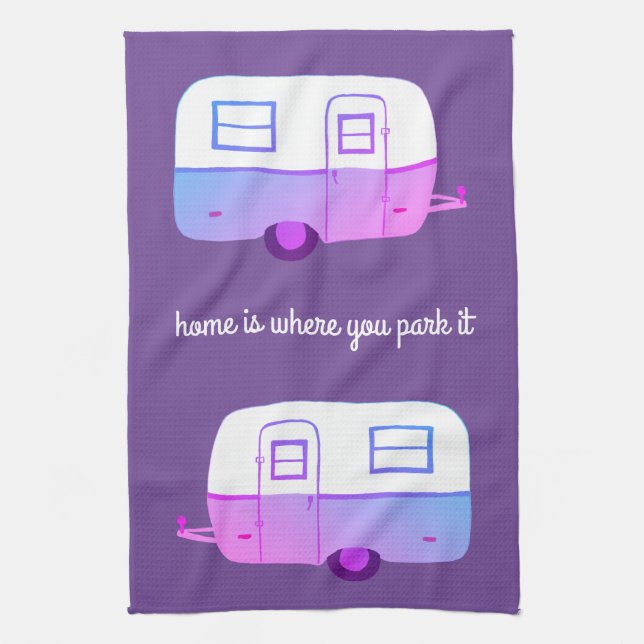 Retro Camper Trailer RV Motorhome Purple Tea Towel (Vertical)