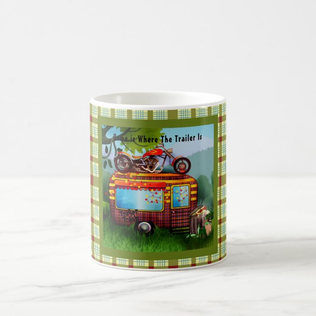 Retro Camper Trailer Trash Quotes Tartan Green Red Coffee Mug (Center)